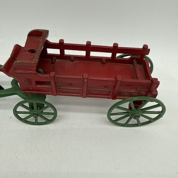 Vintage Cast Iron 1 Horse Wagon Missing Rider Black Horse Red Wagon - Picture 2 of 11
